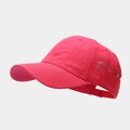 Close-up of pink baseball cap featuring a decorative silver safety pin on the brim - Rose Red