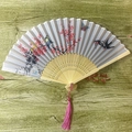 Classical gray folding fan with plum blossom pattern, bamboo ribs, and pink tassel - No.32 Magpie Bridge Meeting