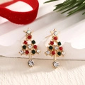 Golden Christmas tree stud earrings with sparkling red, green, and white rhinestones - Tri-Color Stone Tree (EAR0048-1)