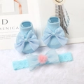 Set calzini e fascia per neonata blu con pompon rosa su sfondo di peluche morbido - Pompon Blu/Rosa