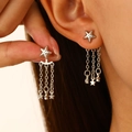 Boucles d'oreilles étoile évidée en argent avec de longs pompons et des zircons - Boucles d'Oreilles Étoile à Cinq Branches à Pompon / Or Blanc Avec Strass (2829)