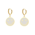 Detail of 18K gold plated hoop earrings featuring cream white enamel smiley face pendants - Enamel Smiley Face Earrings - White
