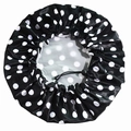 Adjustable satin shower cap featuring black fabric with white polka dots and PEVA lining - Black Polka Dot