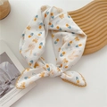 White cotton linen scarf featuring orange tulips and bunny prints with yellow lace trim - 70x70cm High Quality Version / Bunny Flower Yellow