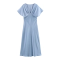 Detailed view of light blue satin midi dress featuring a V-neck and ruffled cap sleeves - XS / Sky Blue