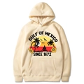 Beige Gulf of Mexico beach sunset hoodie with vintage palm tree graphic print - Khaki