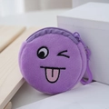 Plush purple emoji coin purse with wink expression and plastic hook for hanging - Purple