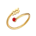 Adjustable 18K gold-plated stainless steel ring with Aquarius symbol and red zircon - Aquarius