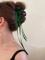 Elegant matte hair claw clip featuring long dark green silk ribbons in a bow style - Green