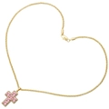 Gold hip hop cross necklace with pink zircon crystals on a heavy wheat chain link - Gold Pink Zirconia