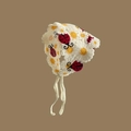 Handmade crochet baby bonnet featuring daisy embroidery and small ladybug details - Beige Ladybug Daisy Bonnet