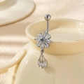 Silver flower belly button ring with sparkling zircon stones and hanging leaf pendants - Flower Tassel (1#-Silver)