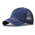 Detailed side view of washed blue cotton baseball cap with breathable mesh and curved brim - Adjustable / Navy Blue with Navy Mesh