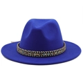Dark blue flat brim wool jazz fedora hat with ethnic style colorful woven band decoration - M (56-58cm) / Ethnic Jazz Hat / Sapphire Blue