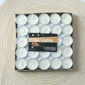Pack of 25 white tea light candles in silver aluminum holders inside a brown paper box - White