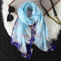 Light blue gradient chiffon long scarf with pink cherry blossom prints on white fur background - Blue Gradient Cherry Blossom