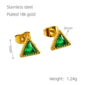 Triangle stainless steel stud earrings with green zircon and 18K gold plating - Green Zirconia