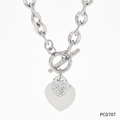 Silver stainless steel heart necklace with rhinestone pendant and toggle clasp - Silver (PCD707)