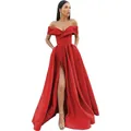 Elegant off-the-shoulder red satin evening gown featuring a high slit and a full skirt - US 2 / Red