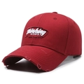 Distressed dark red baseball cap featuring white 3D embroidery and worn-out details - Adjustable / Red