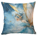 Blue watercolor Christmas pillowcase with dreamy elf and golden glitter dots - Dreamy Pixie