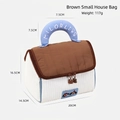 Quilted house shaped makeup bag in brown and white with blue handle and dog zipper - Coffee Makeup Bag