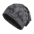 Distressed grey knit beanie with graffiti print and vintage torn details for street style - L (58-60cm) / Medium Grey