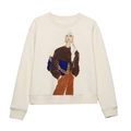 Sudadera crema de cuello redondo con ilustración de moda femenina dibujada a mano - S / Blanco Roto