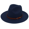 Navy blue Panama straw hat with a slim brown leather belt buckle and a classic Fedora shape - Navy Blue