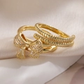 Elegant 18K gold-plated double-layer bow ring set with sparkling cubic zirconia accents - Bowknot + Braided Ring Set / Gold