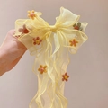 Yellow mesh hair bow with small felt flowers and long ribbons for girls' hairstyles - Yellow Long Streamer Bow (F8109-4)