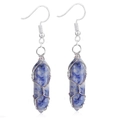 Detail of blue natural stone hexagon pendant earrings wrapped in silver wire - Wire Wrapped Hexagonal Prism Earrings / Silver Blue Dot Stone Earrings