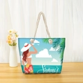 Detail of summer beach tote bag with thick rope handles and coastal illustration - Summer Beach Woman (jiayingstb02)