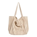 Casual striped canvas tote bag in khaki and off-white with dual shoulder straps - Thin Apricot Stripe