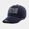 Close-up of white motivational embroidery on a navy blue cotton canvas baseball cap - Adjustable / Navy Blue
