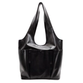 Fashionable black PU leather tote bag with rivet-decorated front pockets and long handles - Black