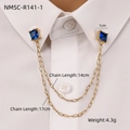 Spilla da colletto dorata in acciaio inox con zirconi blu e doppia catenella - Oro 18K / Spilla da colletto con zirconia blu