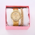 Gold plated iced-out Roman quartz watch and rhinestone bracelet set in a pink gift box - Style 22 + Bracelet + Box