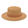 Close-up of straw boater hat texture with brown faux leather band and gold rivet detail - M (56-58cm) / Camel