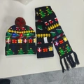Black Christmas knitted beanie and scarf set with LED lights and holiday tree pattern - Christmas Gift Box-Set