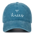 Close-up of Aries zodiac embroidery on vintage washed blue cotton baseball cap - Lake Blue