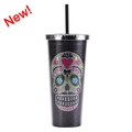 Black glitter straw cup featuring a colorful rhinestone sugar skull and silver lid - 700ml / Black Style E