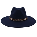 Close-up of navy blue wide brim fedora hat featuring a chunky gold metal chain detail - Adult (57-60cm) / Navy Blue (Acrylic)