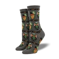 Kreative Halloween-Socken mit Eulen- und Hexenmotiven aus grauem Baumwollstoff - Einheitsgröße / Hexeneule Grau