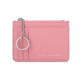 Pink Saffiano leather mini card wallet with zipper pocket and metal keychain - Pink
