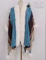 Knitted shawl cape with white faux fur collar and geometric patterns in blue and beige - Blue Beige