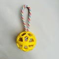Yellow hollow rubber dog toy ball with colorful woven rope ring for pet interactive play - Yellow Single Ear Ball