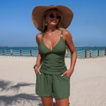 Olive green two-piece tankini swimsuit with V-neck, ruched front, and boy shorts set - S / Army Green