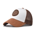 Detail of truck hat with 3D round leather patch and breathable mesh structure - Adjustable / Khaki and White
