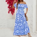 Detail of off-shoulder neckline and blue floral print on summer maxi dress - S / Blue